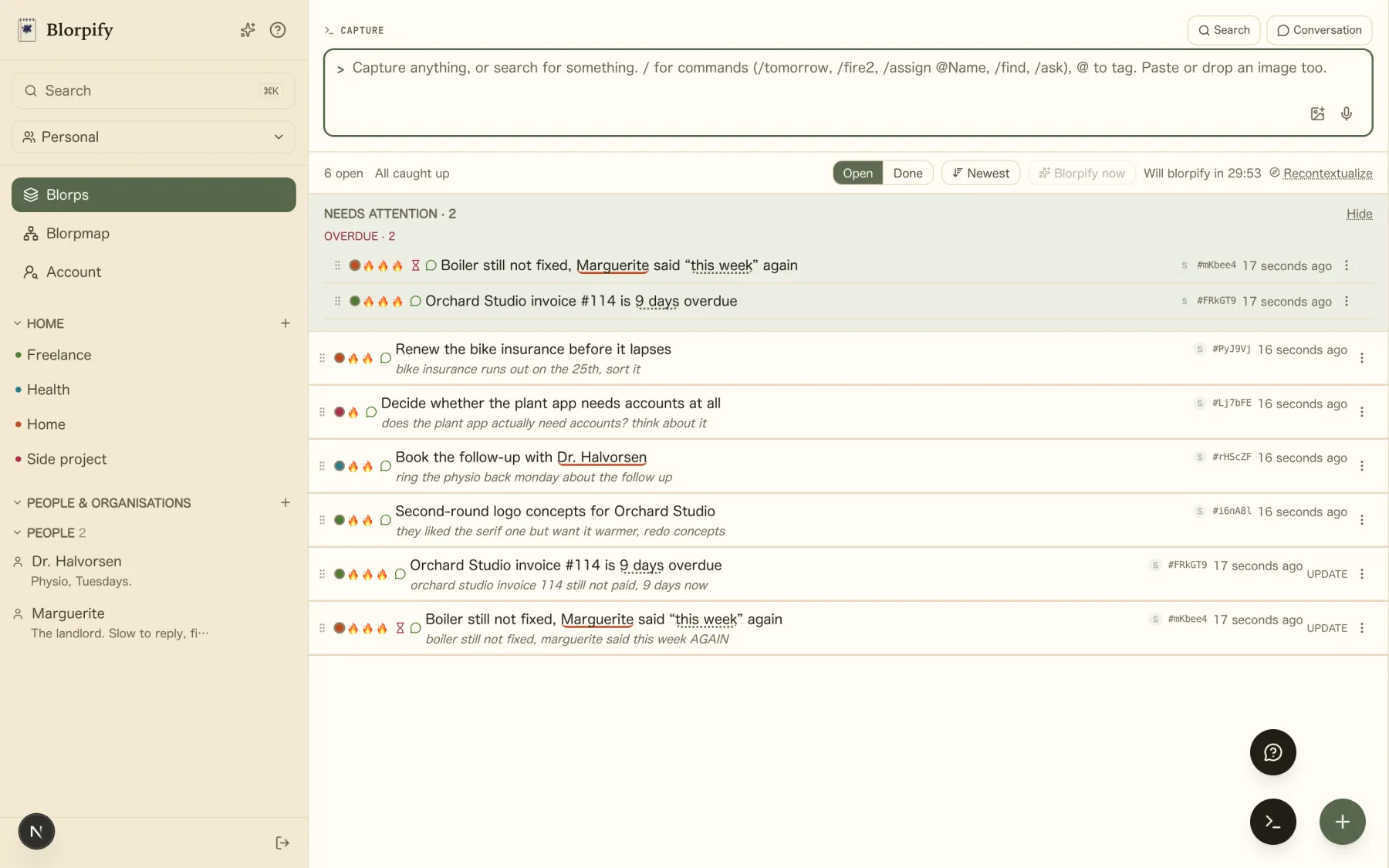 The Blorpify inbox: a capture box above a list of open items, each showing its filed title with the original typed capture underneath, and two overdue items pulled into a Needs Attention band.