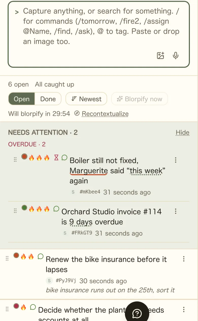 Blorpify at phone width: the capture box at the top, then the Needs Attention band and the open items list below it.