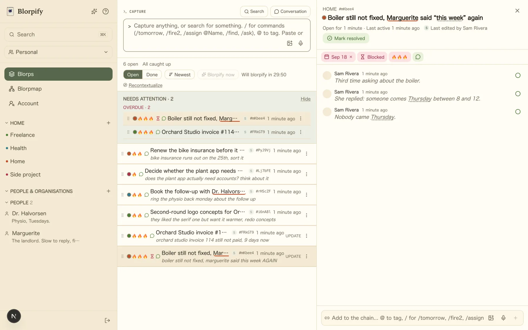 A blorp opened to its thread: the title, a Blocked tag, three fire icons for severity, a due date, and three dated updates from oldest to newest, with a box to add the next one.